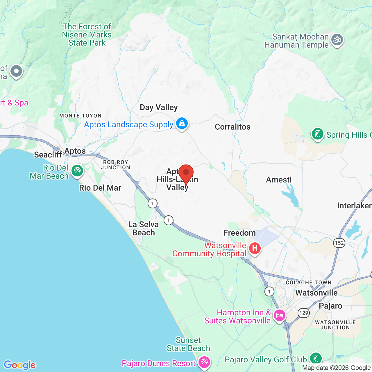 Map showing the flower delivery area in Aptos Hills-Larkin Valley, California