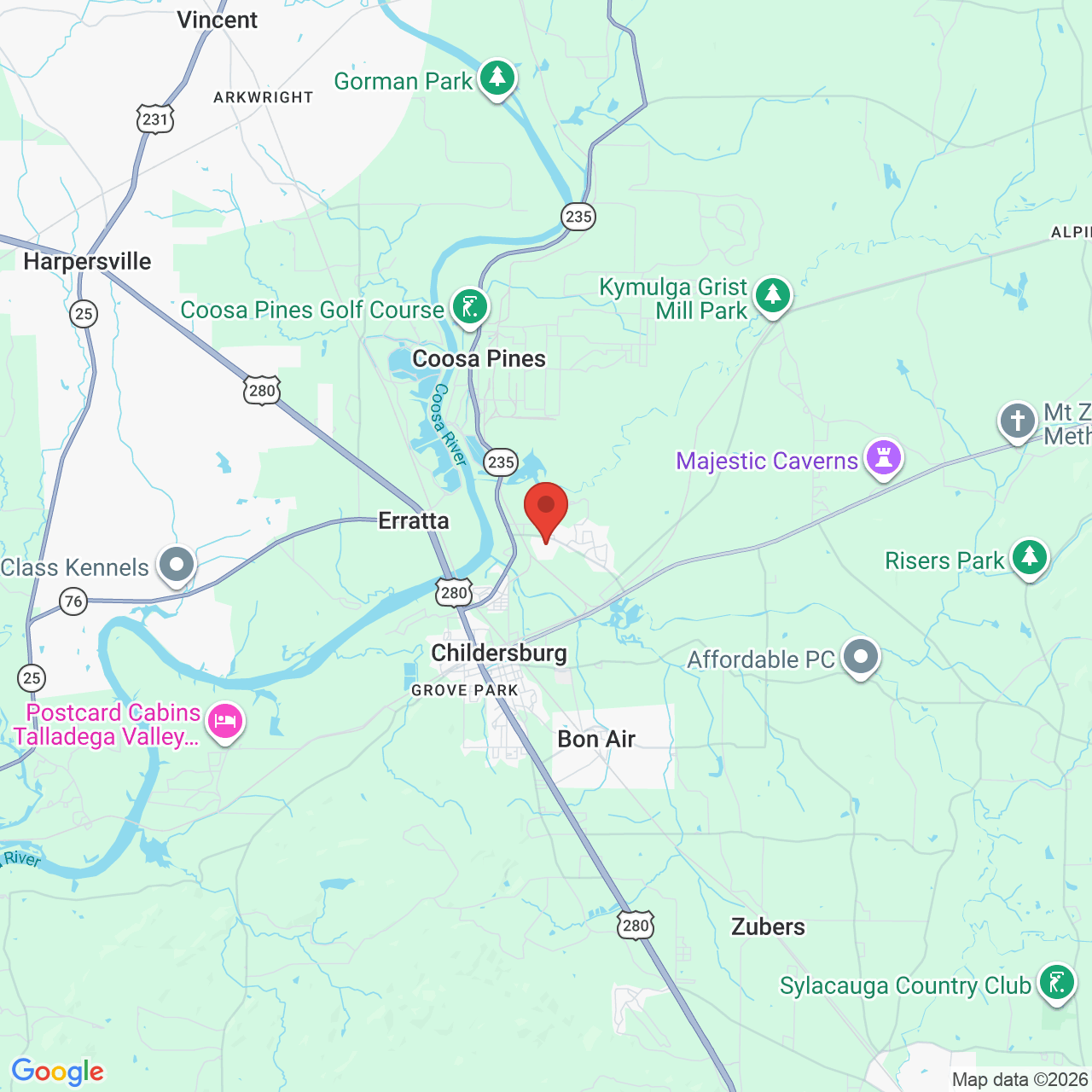 Map showing the flower delivery area in Childersburg, Alabama