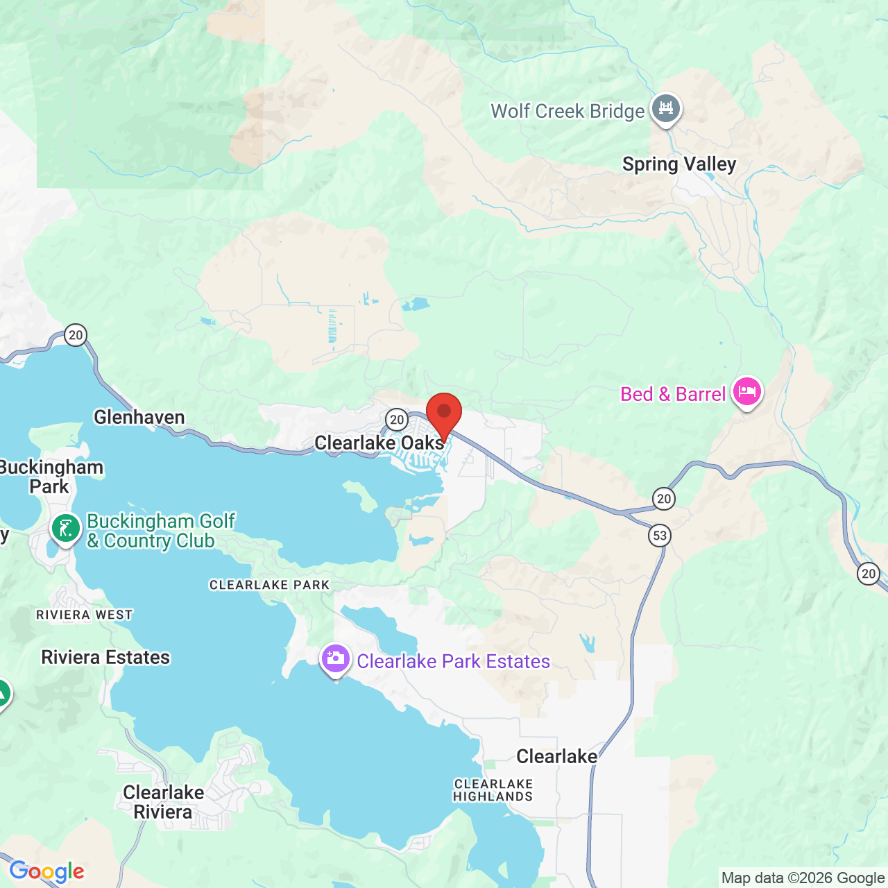 Map showing the flower delivery area in Clearlake Oaks, California