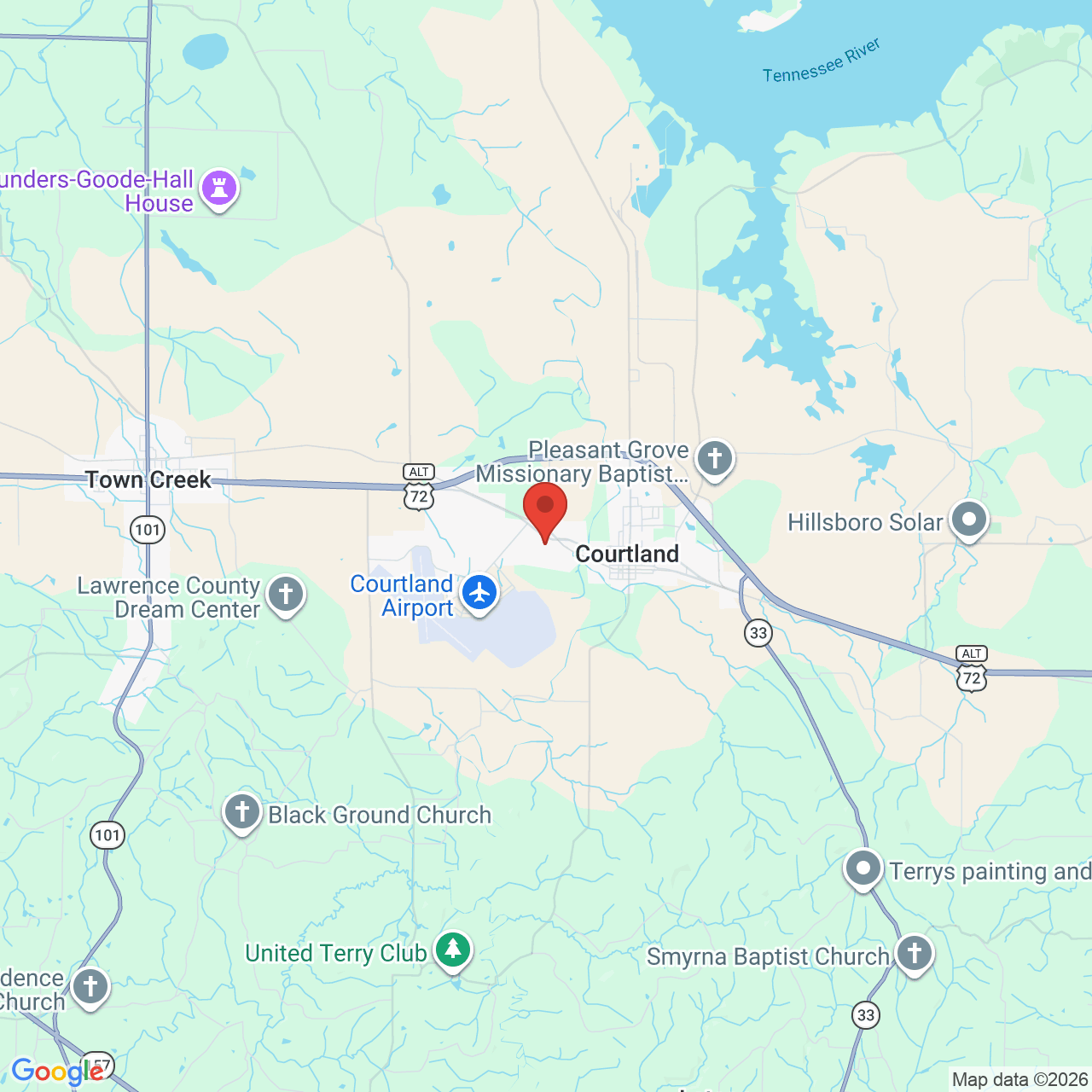 Map showing the flower delivery area in Courtland, Alabama