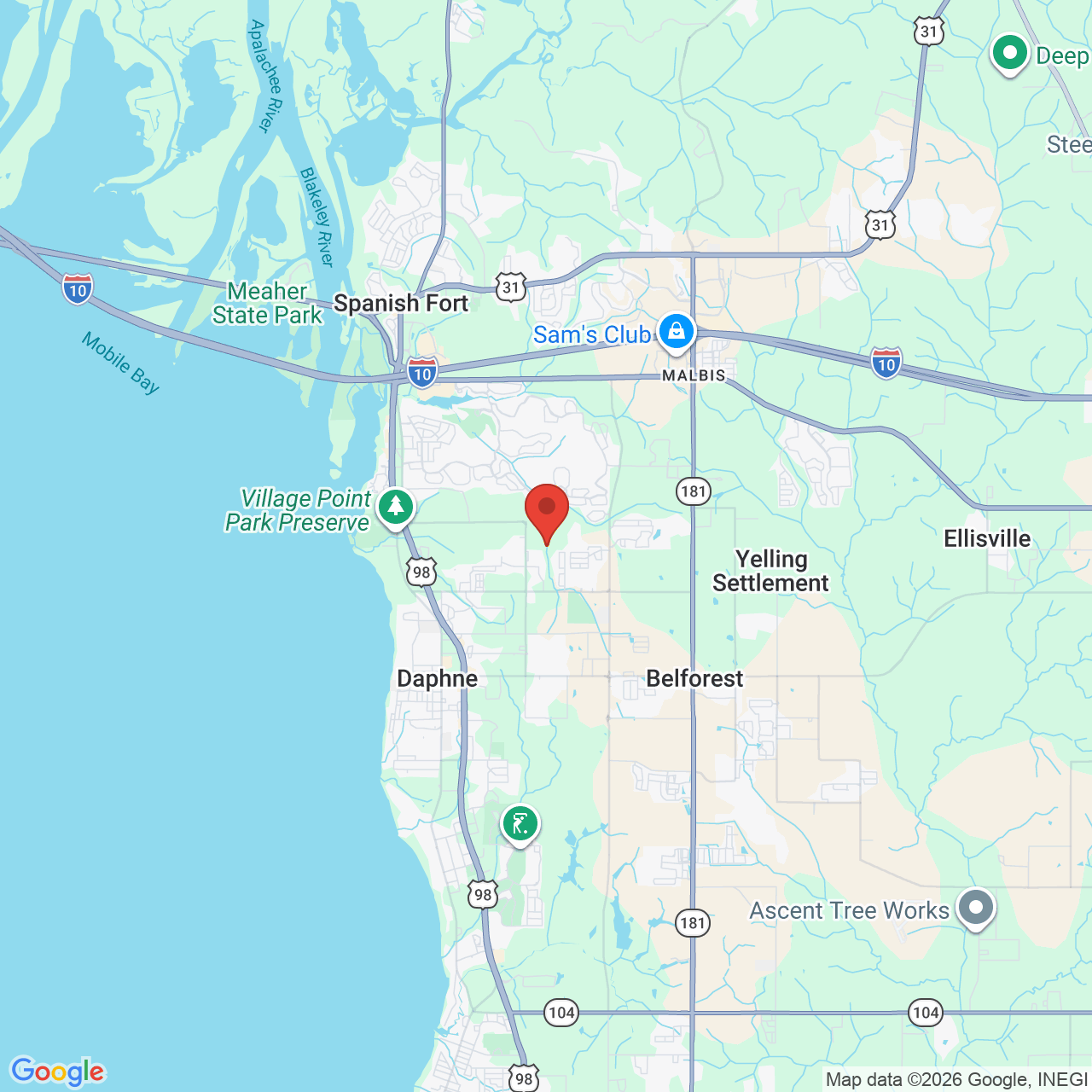 Map showing the flower delivery area in Daphne, Alabama