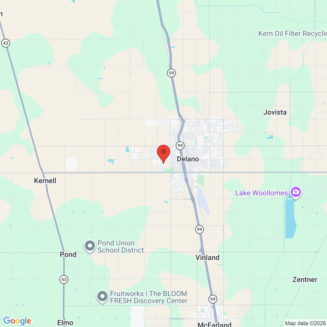 Map showing the flower delivery area in Delano, California