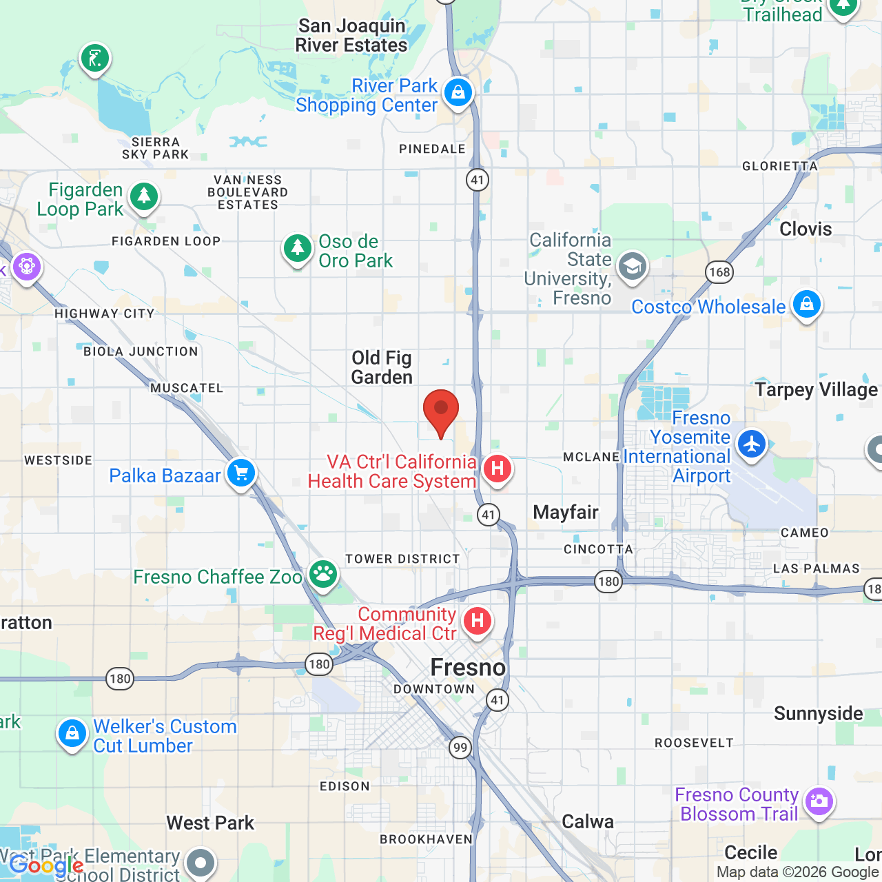 Map showing the flower delivery area in Fresno, California