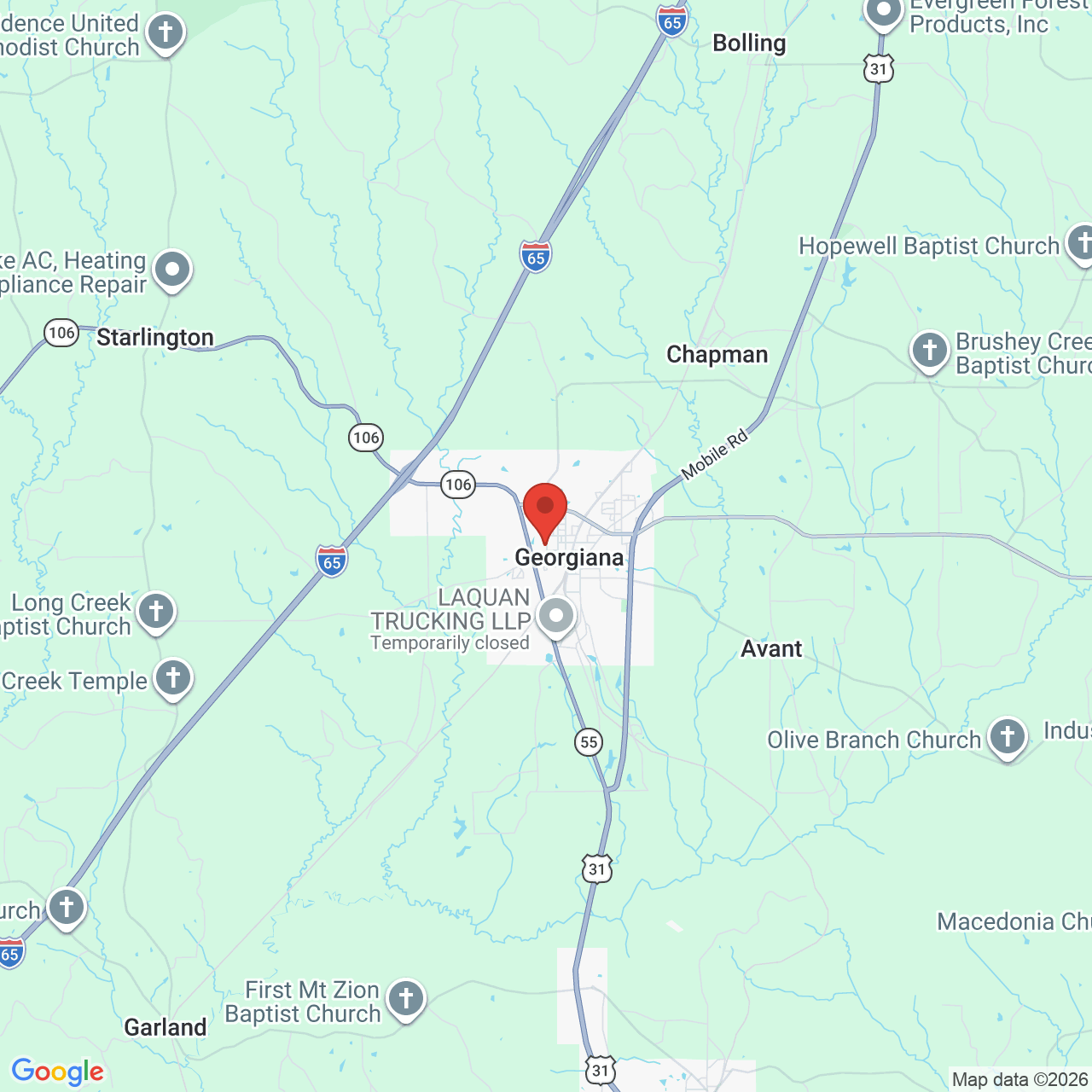 Map showing the flower delivery area in Georgiana, Alabama
