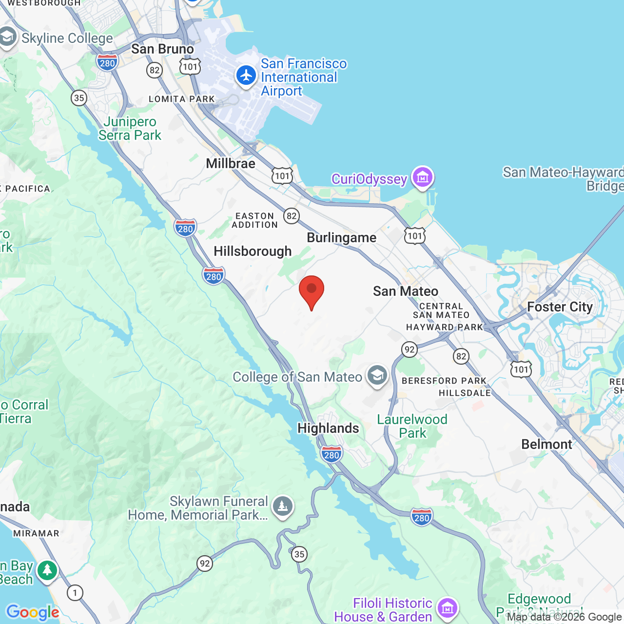 Map showing the flower delivery area in Hillsborough, California