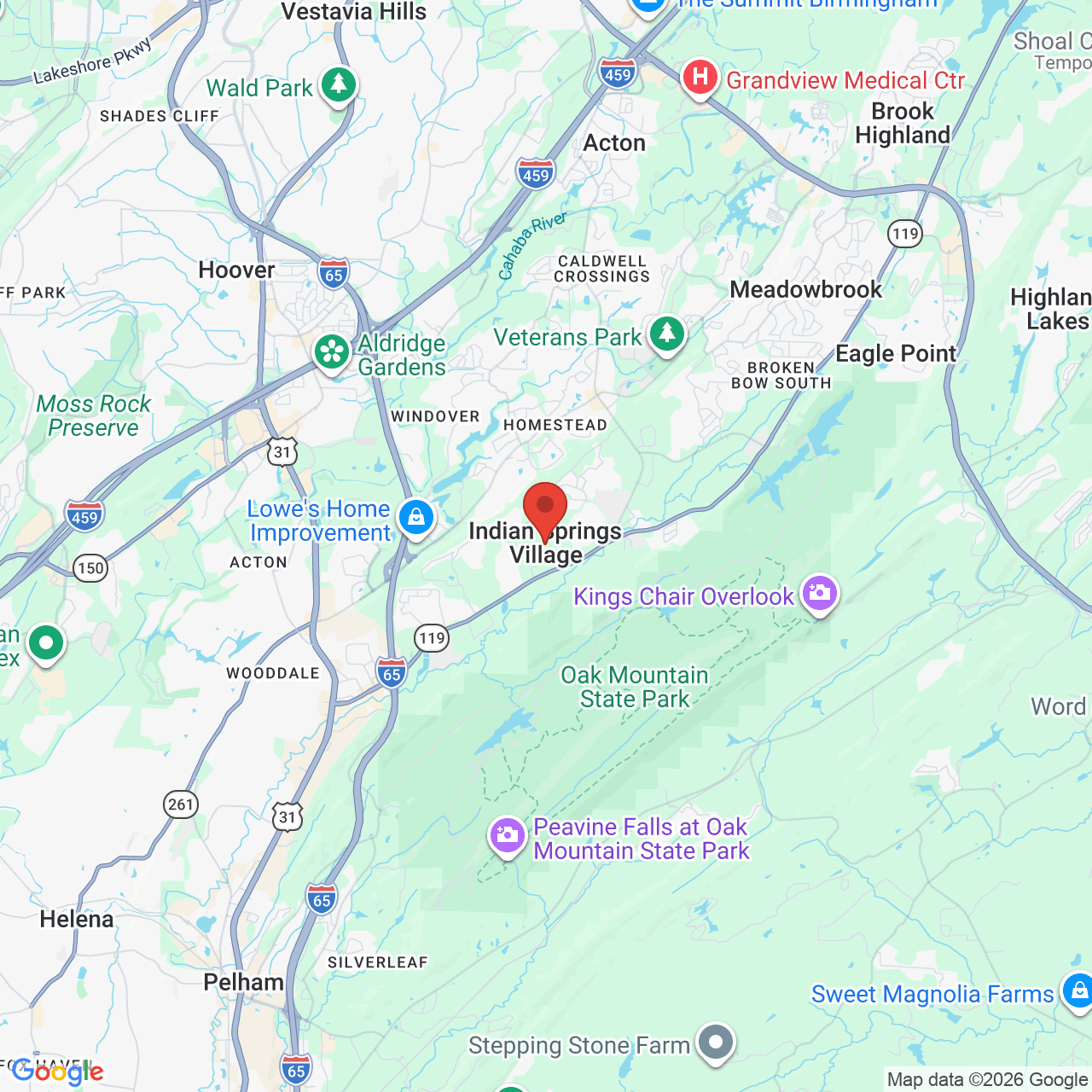 Map showing the flower delivery area in Indian Springs Village, Alabama