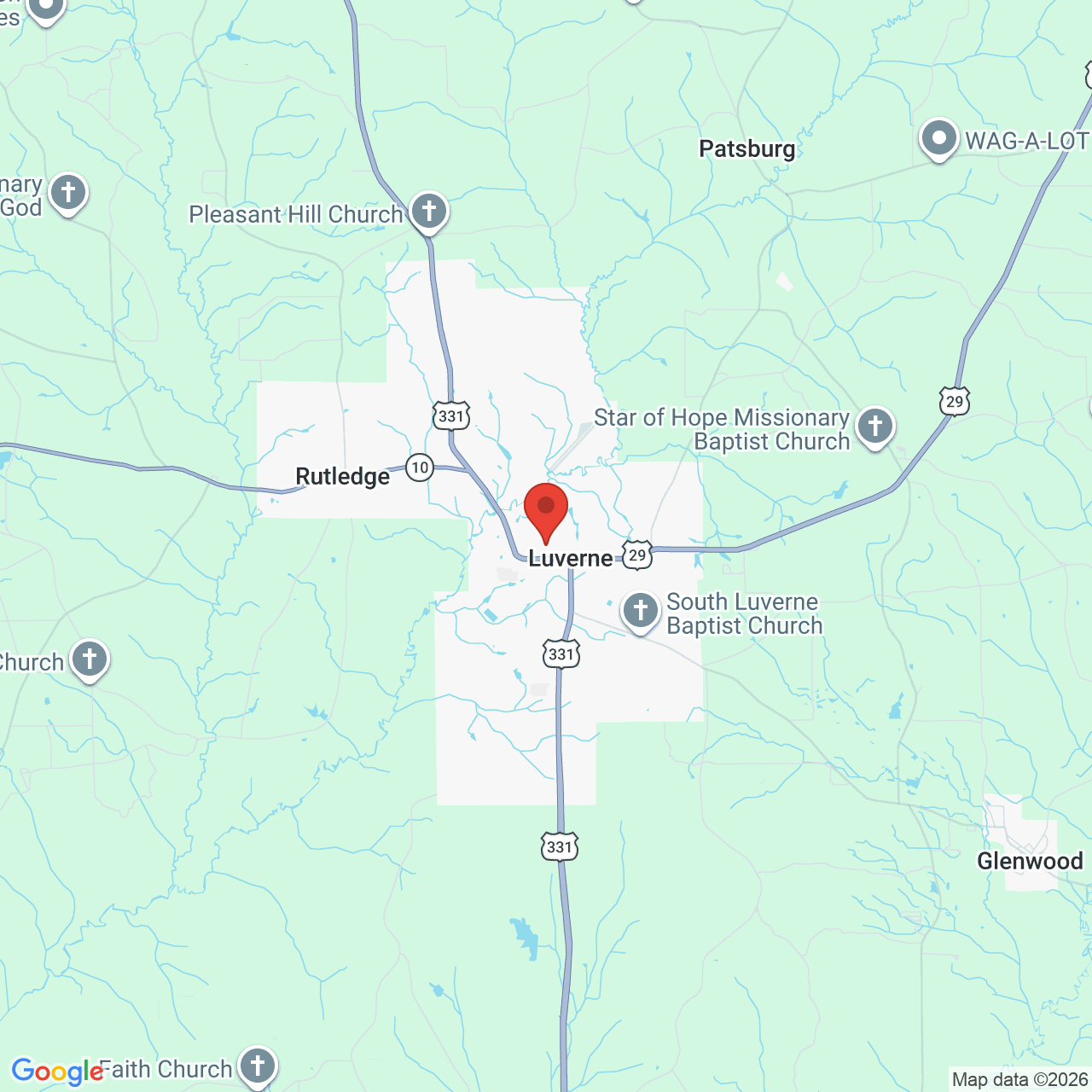Map showing the flower delivery area in Luverne, Alabama
