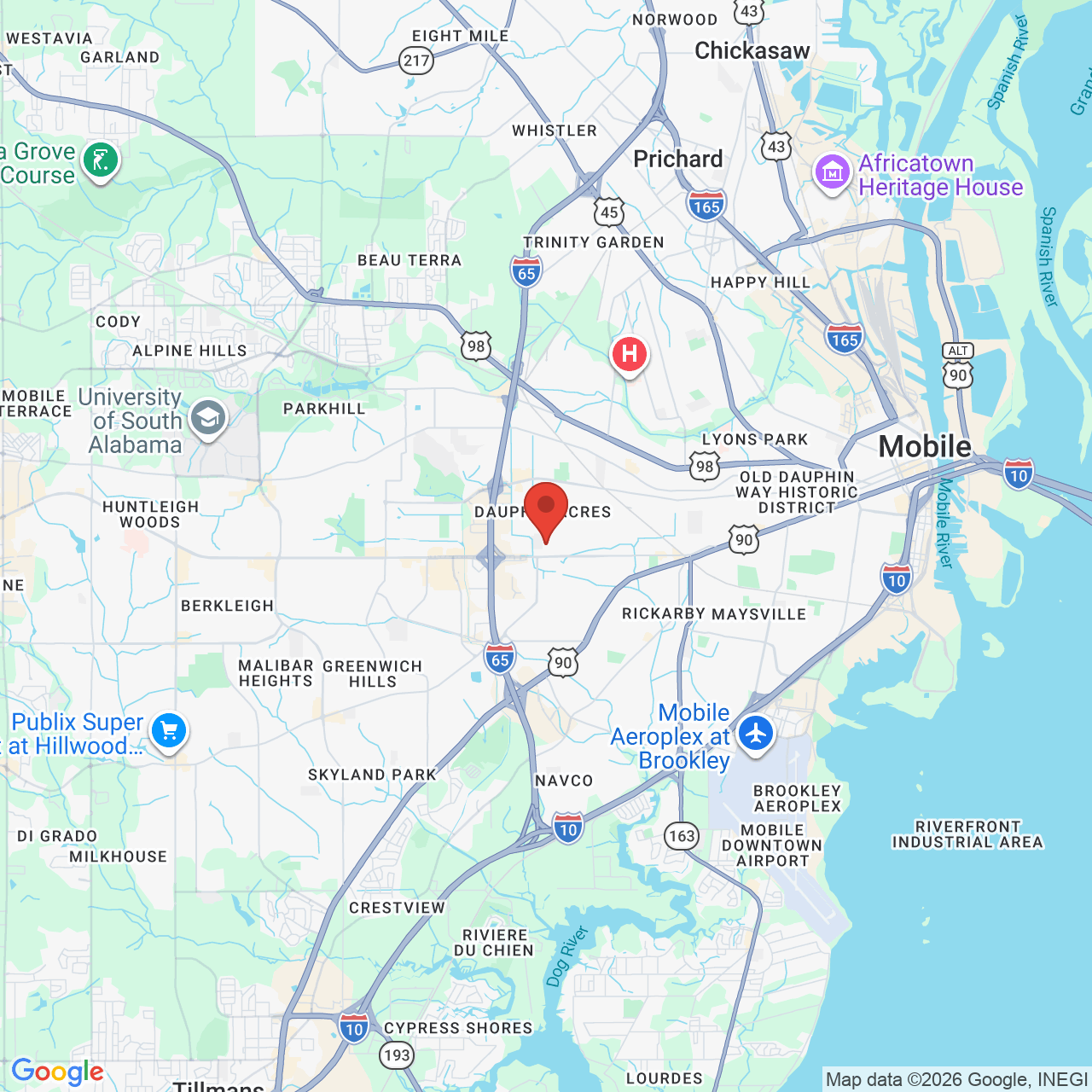 Map showing the flower delivery area in Mobile, Alabama