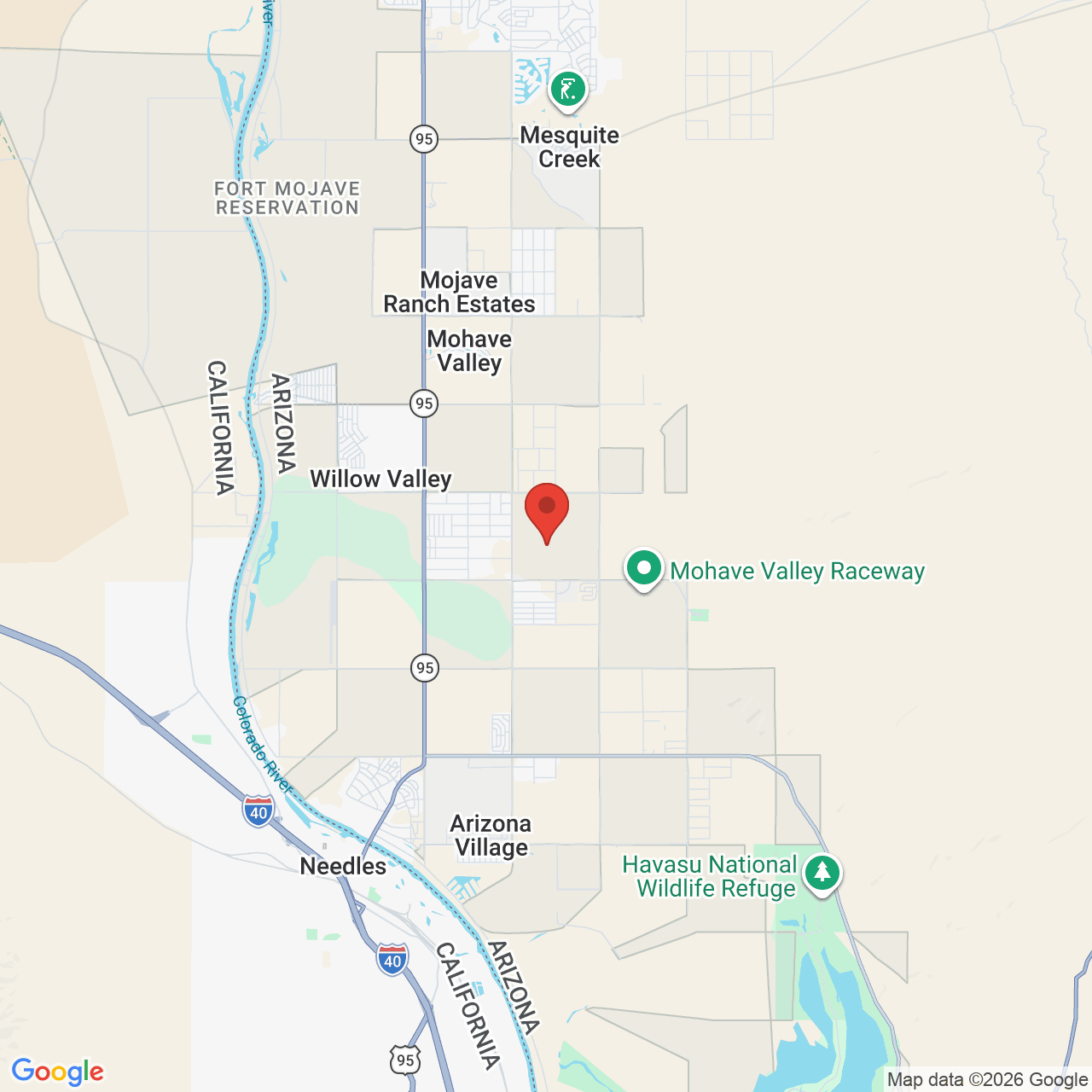 Map showing the flower delivery area in Mohave Valley, Arizona