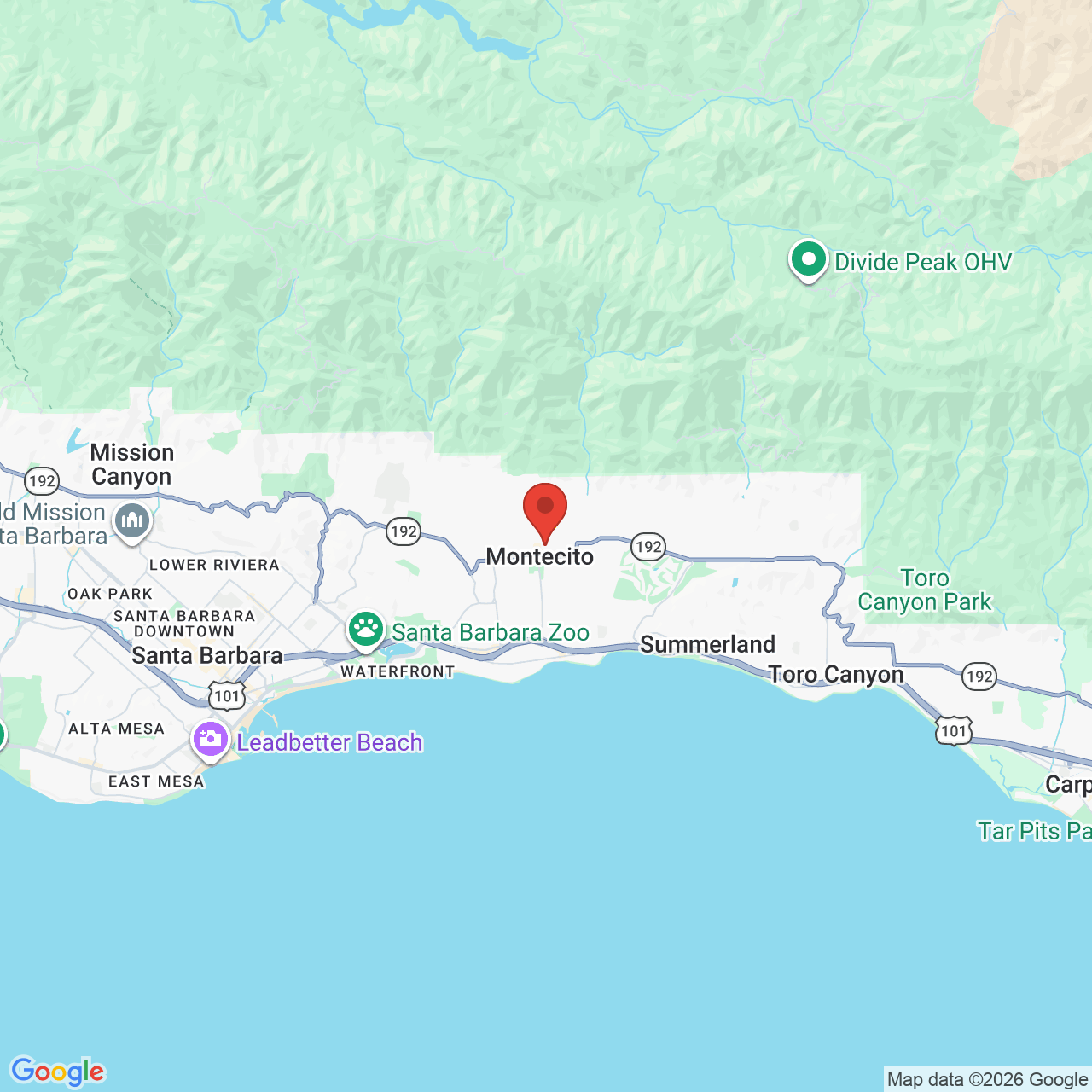 Map showing the flower delivery area in Montecito, California