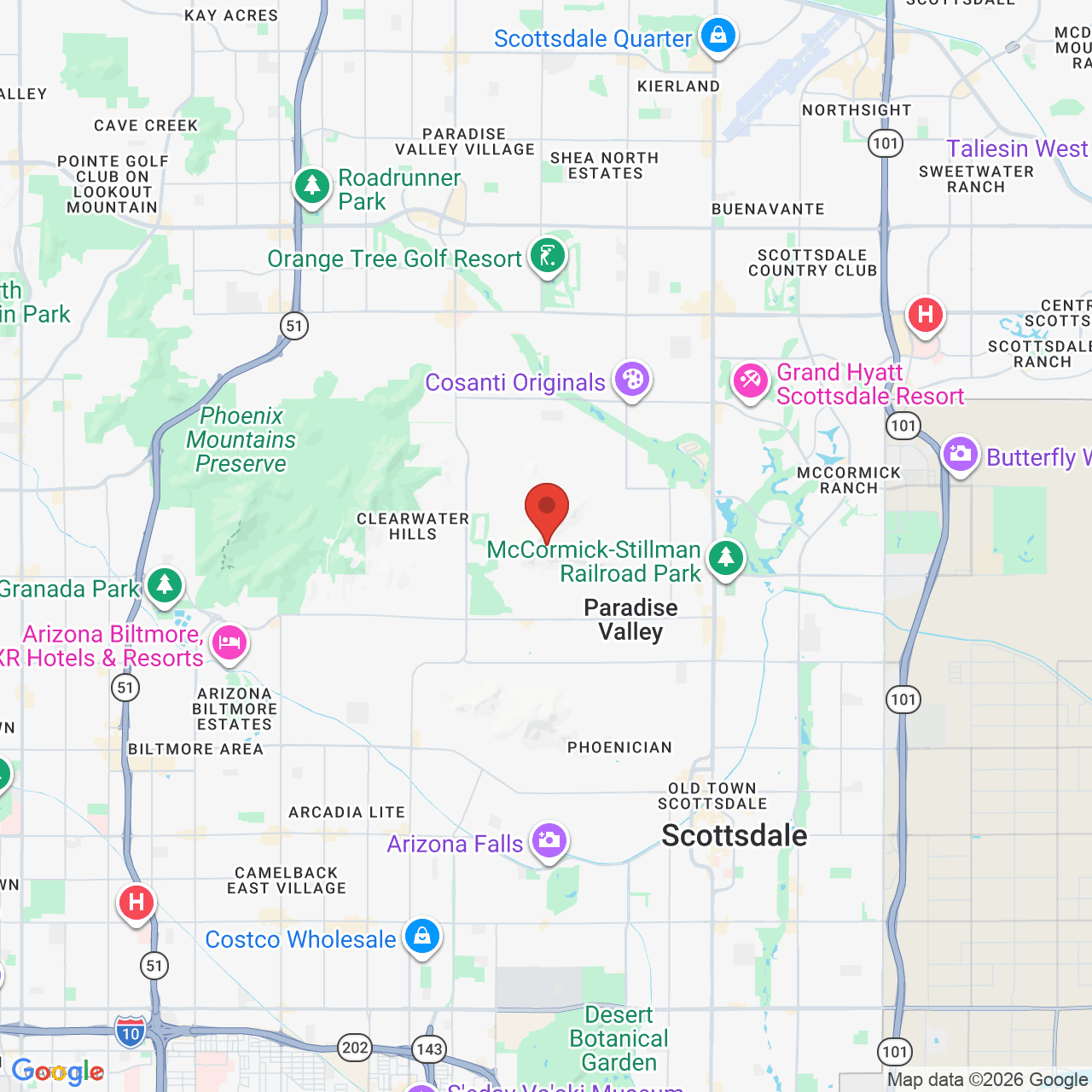 Map showing the flower delivery area in Paradise Valley, Arizona