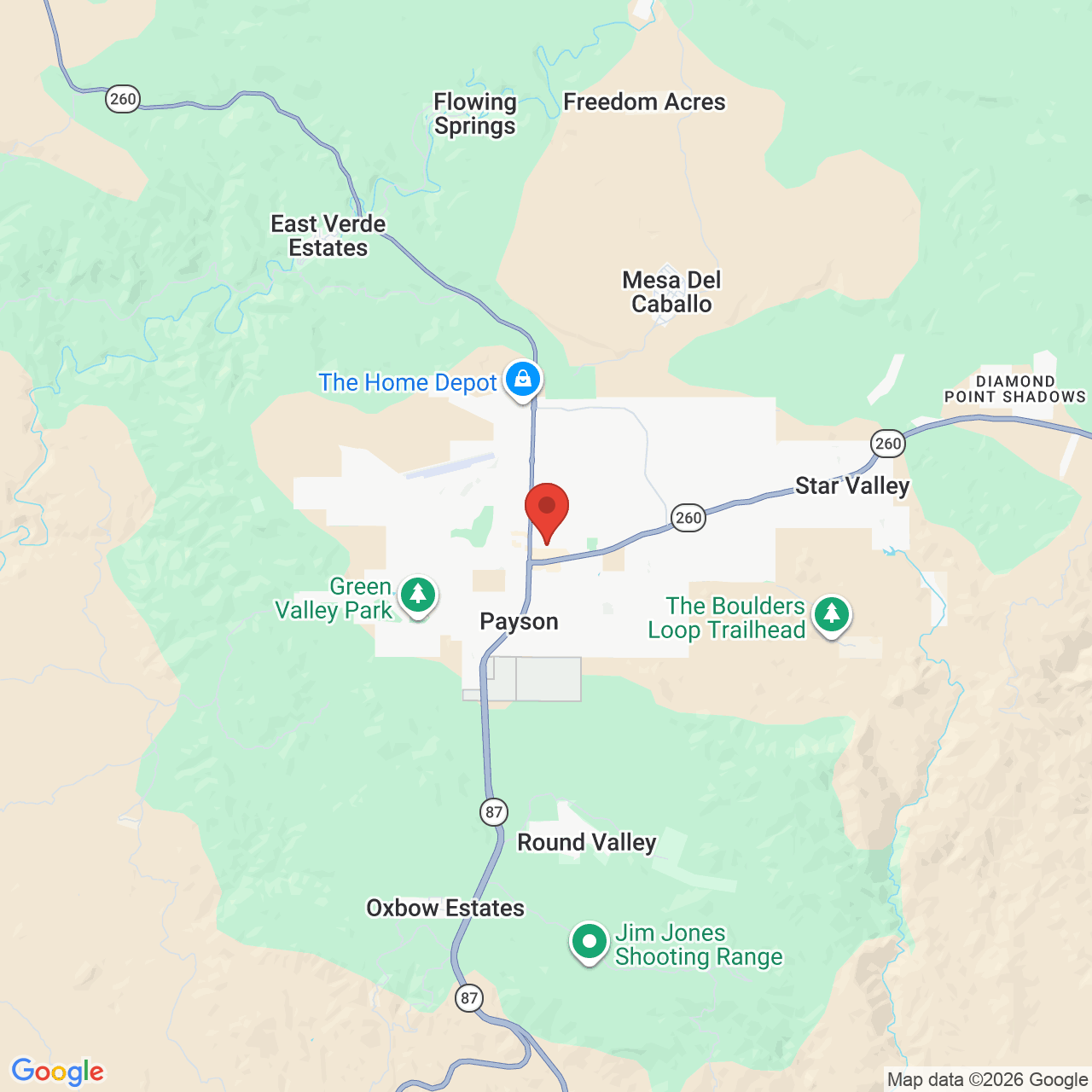 Map showing the flower delivery area in Payson, Arizona