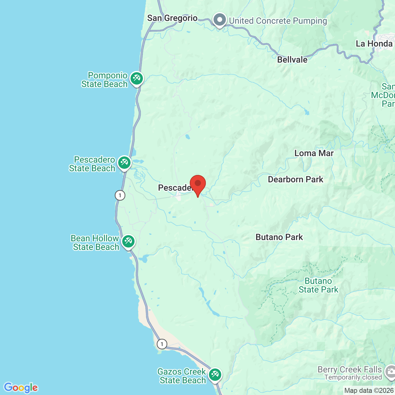 Map showing the flower delivery area in Pescadero, California
