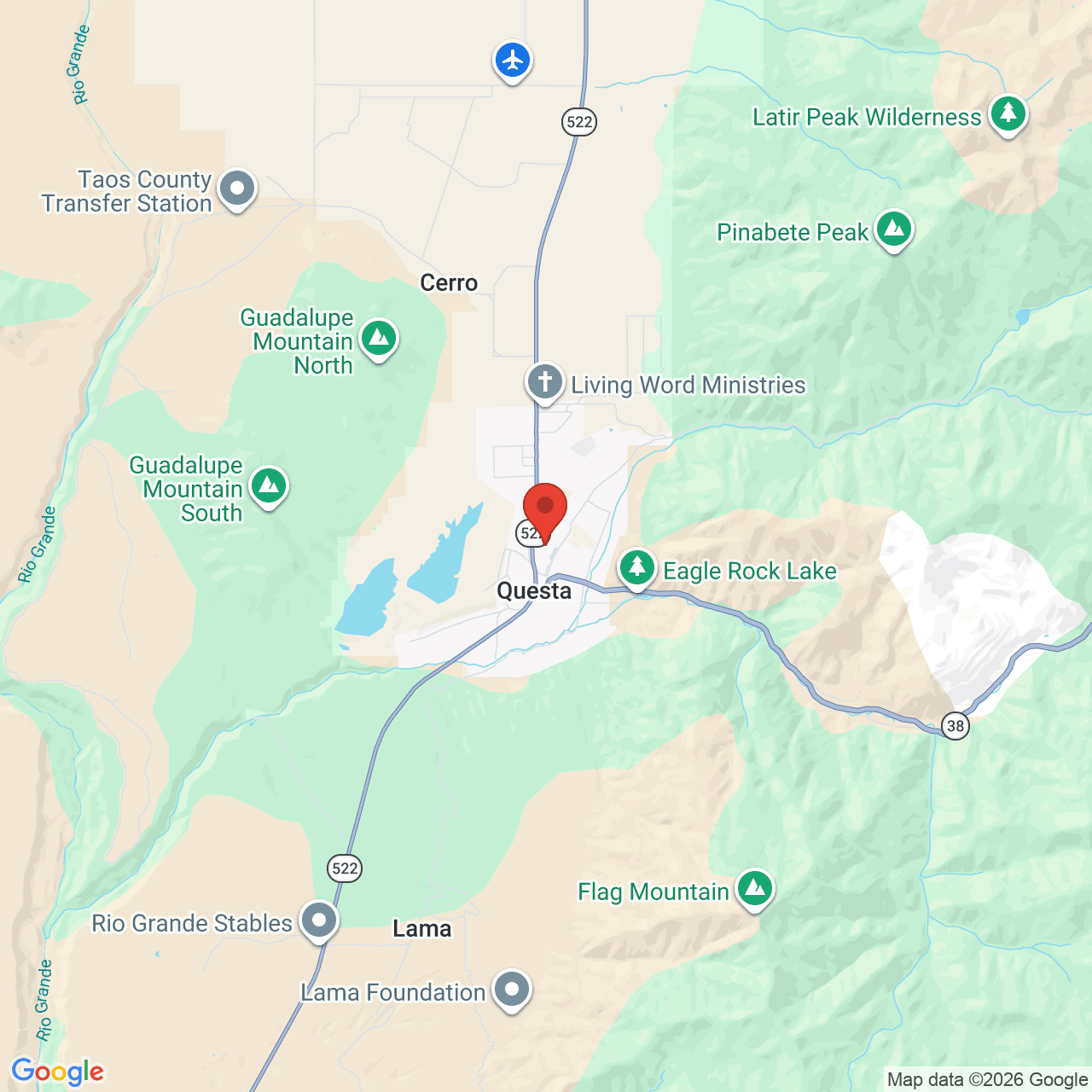 Map showing the flower delivery area in Questa, New Mexico