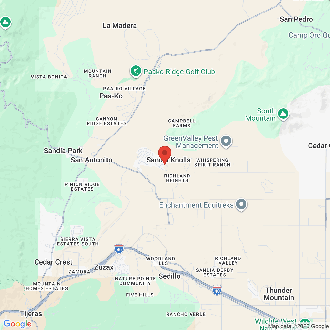 Map showing the flower delivery area in Sandia Knolls, New Mexico