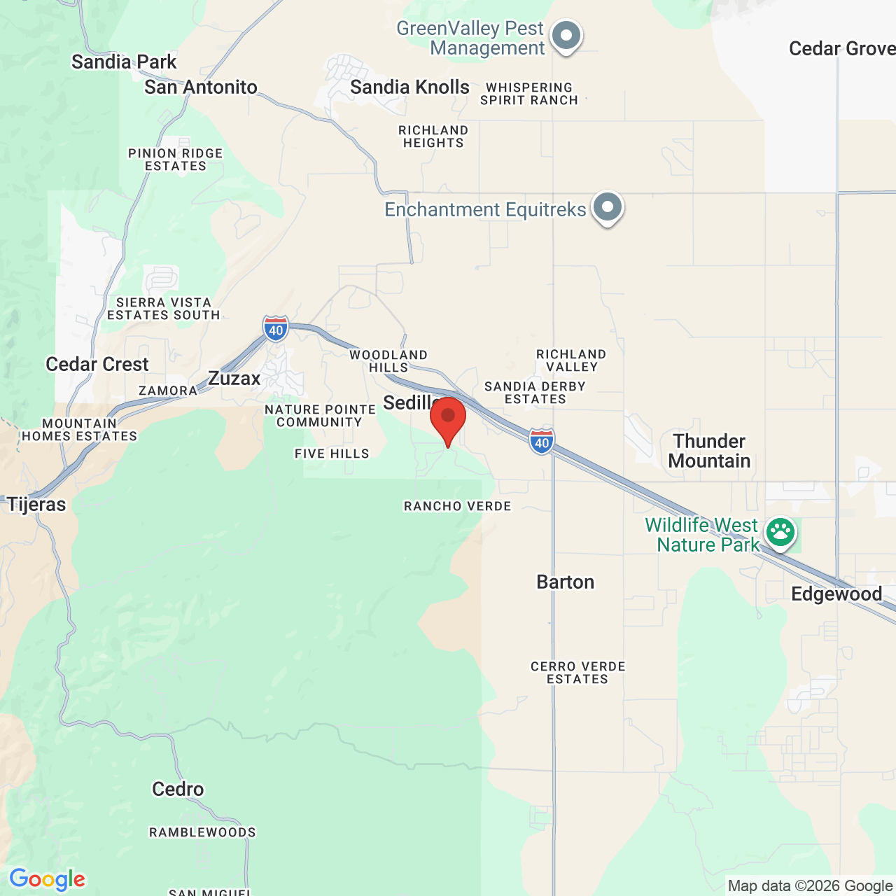 Map showing the flower delivery area in Sedillo, New Mexico