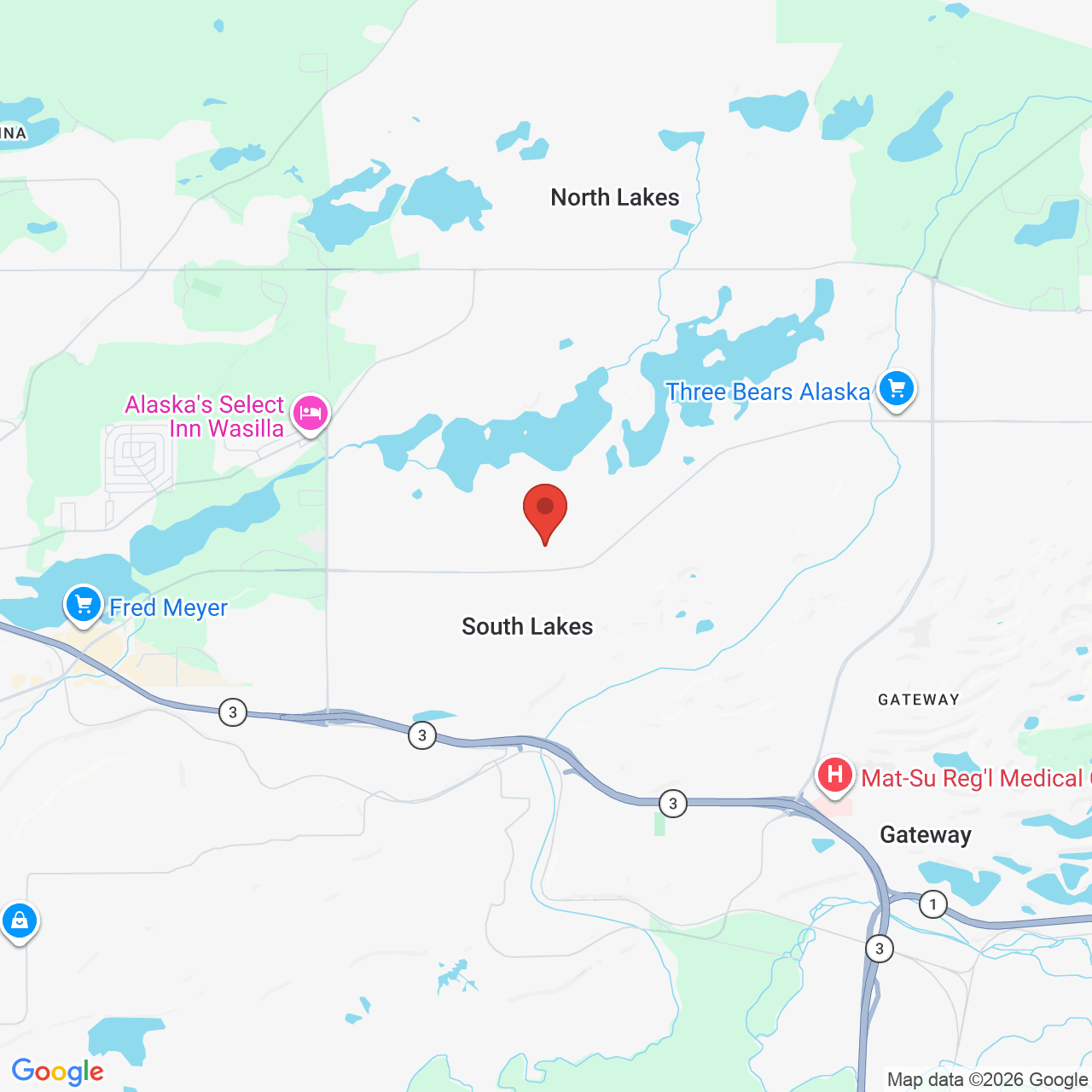 Map showing the flower delivery area in South Lakes, Alaska