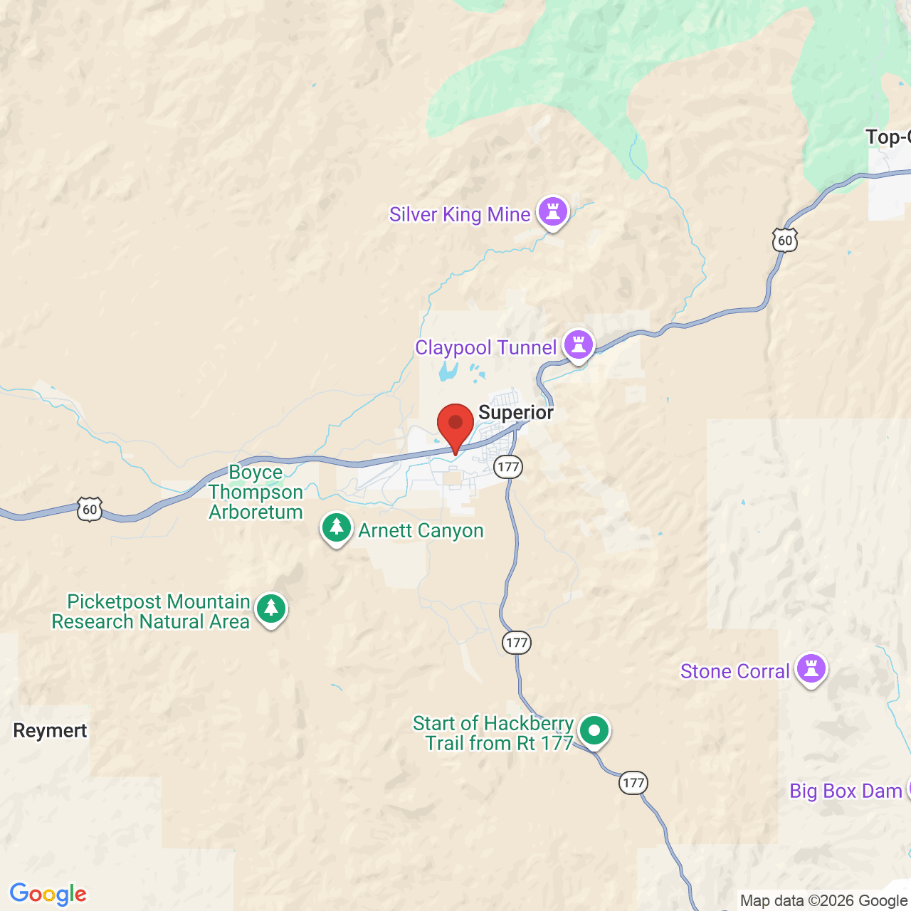 Map showing the flower delivery area in Superior, Arizona
