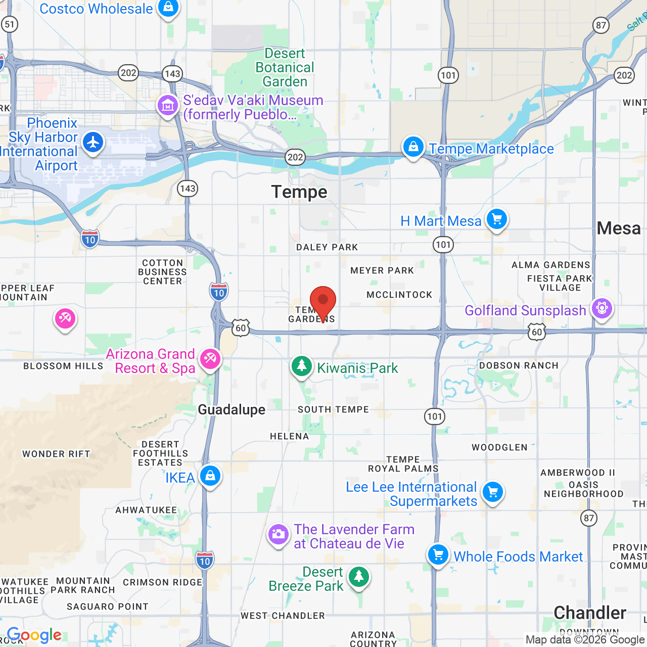 Map showing the flower delivery area in Tempe, Arizona
