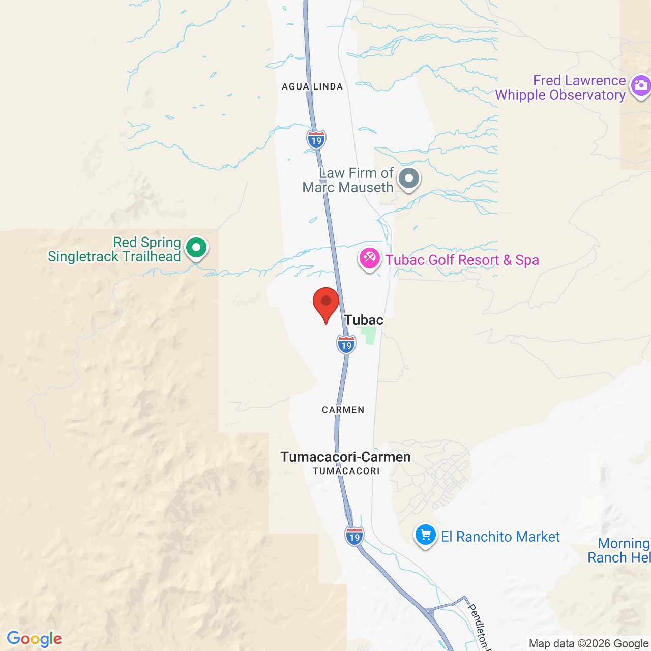 Map showing the flower delivery area in Tubac, Arizona