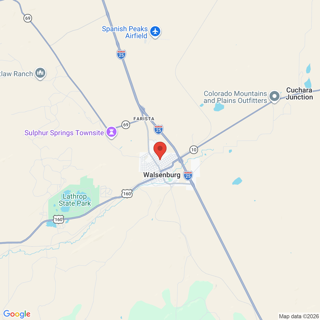 Map showing the flower delivery area in Walsenburg, Colorado