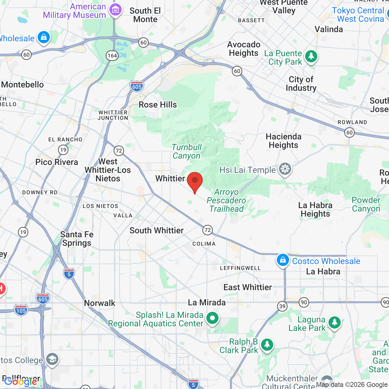 Map showing the flower delivery area in Whittier, California