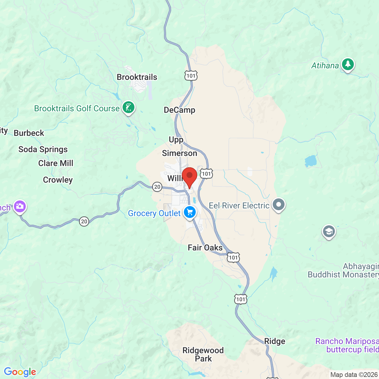Map showing the flower delivery area in Willits, California