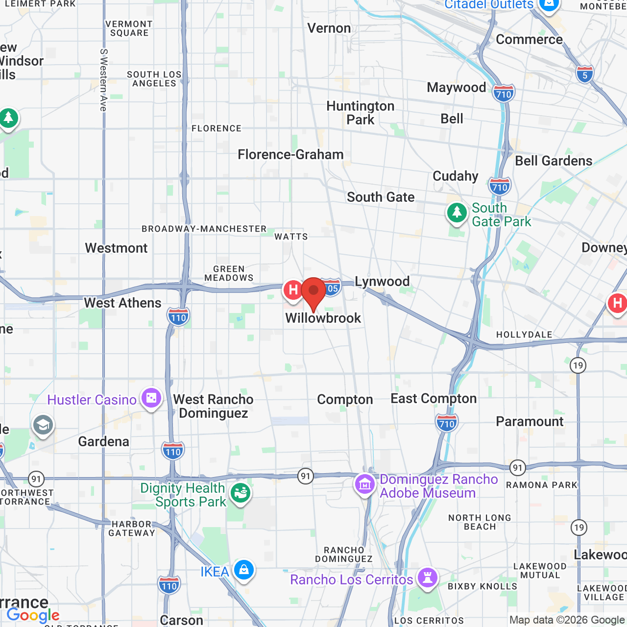 Map showing the flower delivery area in Willowbrook, California