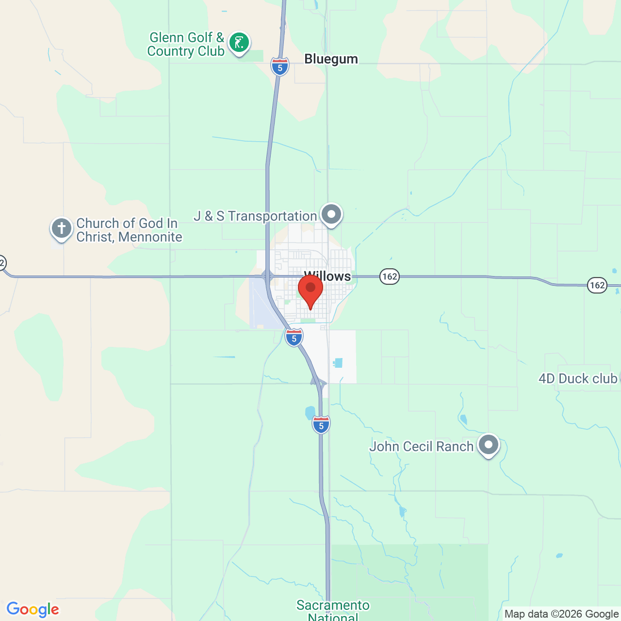 Map showing the flower delivery area in Willows, California