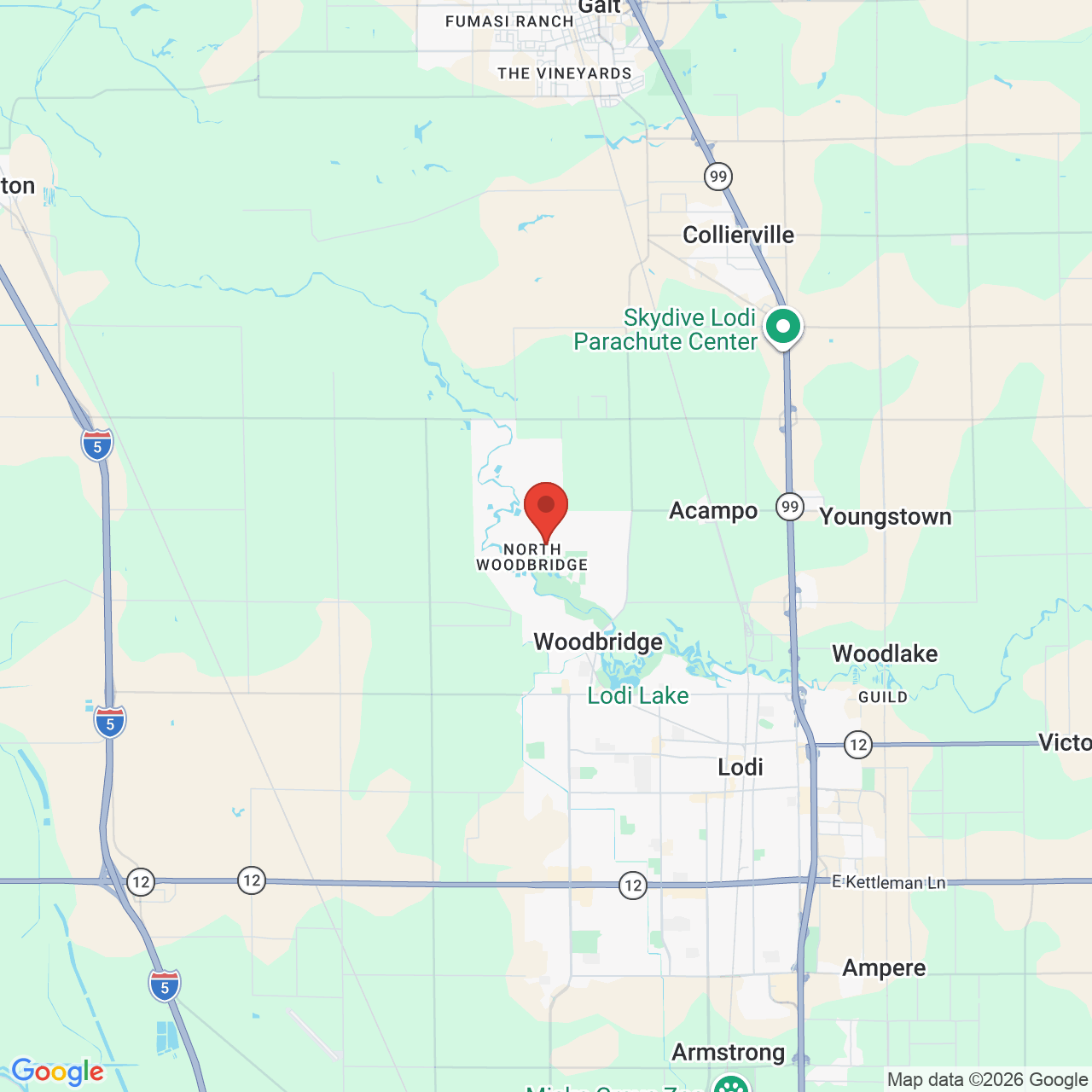 Map showing the flower delivery area in Woodbridge, California