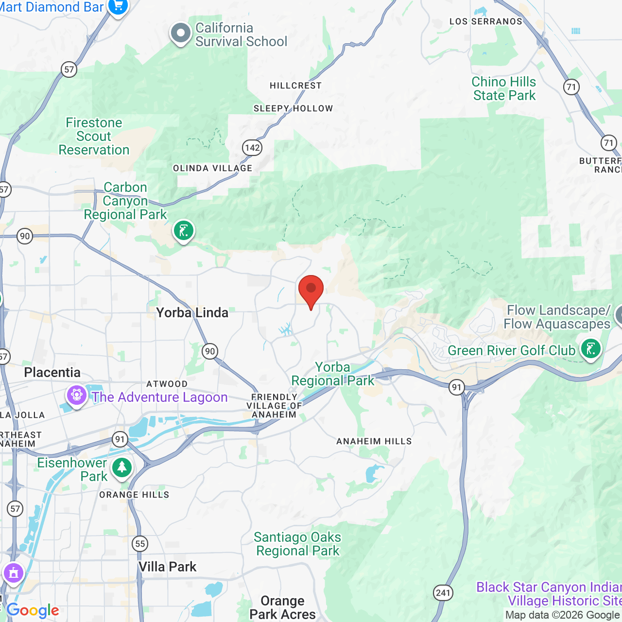 Map showing the flower delivery area in Yorba Linda, California
