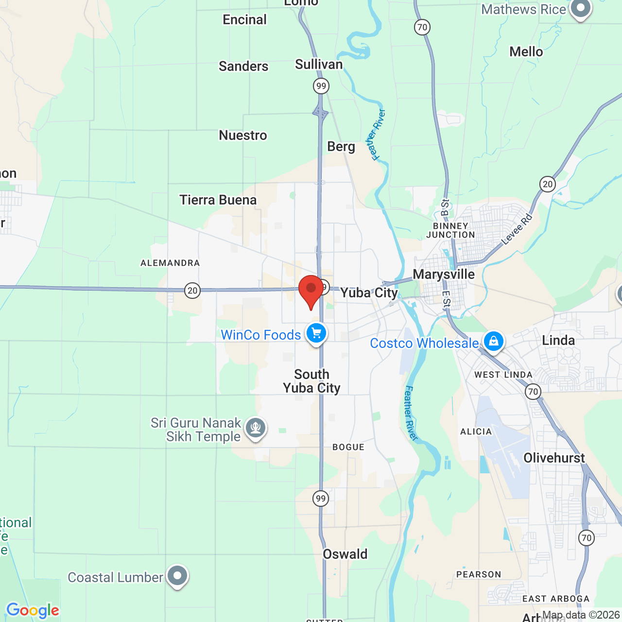 Map showing the flower delivery area in Yuba City, California