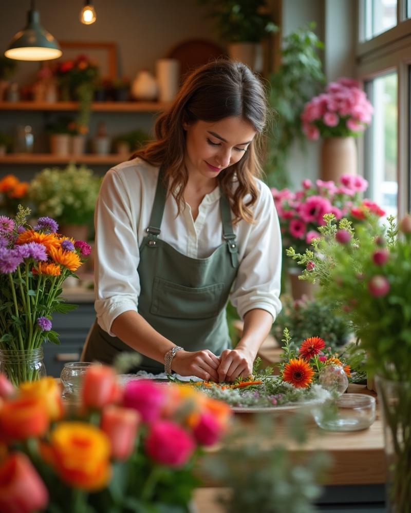 Independent florist arranging a bouquet at a neighborhood floral studio